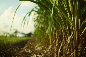 Fototapeta premium A view of a sugarcane field with a tall, thick cane structure, a thin bark-like layer, fresh green foliage, showing the power of this plant in producing sweet natural sugar