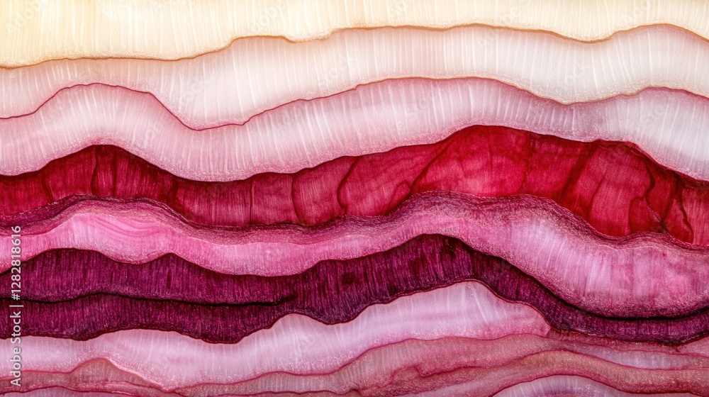 Poster a close-up of colorful agate stone with layered patterns in shades of pink and red.