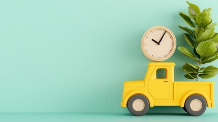 yellow toy truck with a clock on green  ,cargo management concept. Last-Mile Scheduling Solutions Tools that plan and optimize the final leg of delivery, ensuring timely arrivals at customer locations