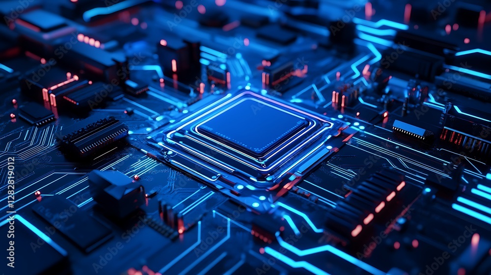 Poster close up of a computer processor with glowing circuits.