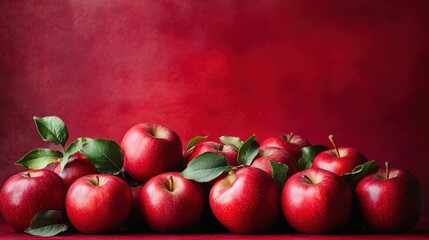 A vibrant tableau of crimson apples, arranged in an artful display against a backdrop of pure red, exudes an air of rustic charm and simple elegance.