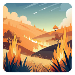 Fototapeta premium Wildfire Risk in Dry Grasslands: Minimalist Illustration of Fire Spreading Across Vulnerable Landscape 