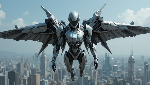 Futuristic Humanoid Robot with Wings Soars Over Sci-Fi Metropolis,futuristic robot, humanoid robot, sci-fi metropolis, mechanical wings, high-speed propulsion, aerodynamic design, sci-fi cityscape, fu
