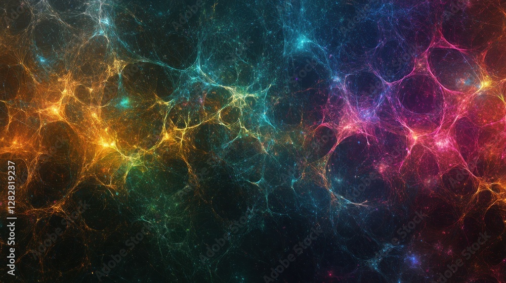 Poster a colorful abstract representation of cosmic structures and energy in a dark background.