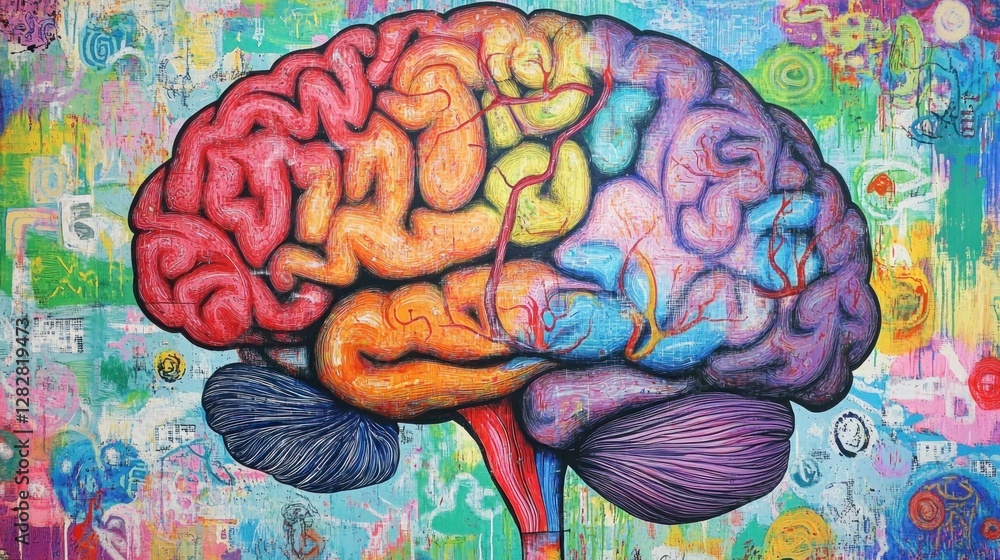 Poster a vibrant artistic representation of a brain, showcasing colorful sections and neural pathways.