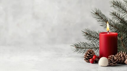 Red candle, pine, holiday decor, gray background, Christmas card