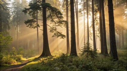 A serene forest scene with sunlight streaming through tall trees, creating a mystical atmosphere filled with fog and greenery.