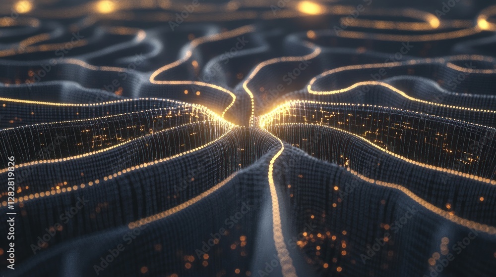 Poster abstract representation of flowing lines and glowing particles in a digital landscape.