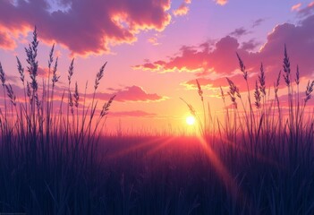 Fototapeta premium Tall grass silhouettes at sunset in warm, pastel tones