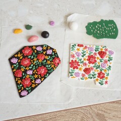Colorful vibrant floral polymer clay slab in the making. 