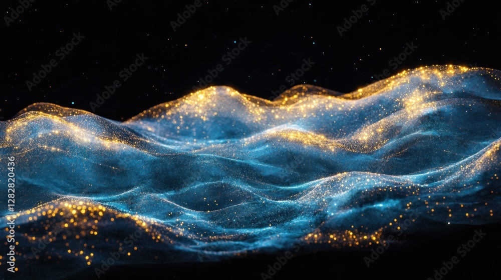 Poster a digital representation of shimmering waves with sparkling particles against a dark background.