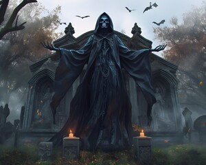 halloween graveyard scene with grim reaper