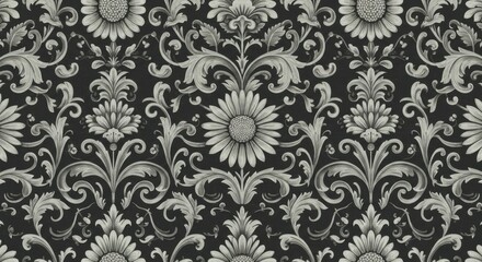 Ornate floral damask pattern, intricate sunflower motifs, baroque style wallpaper, monochromatic grey and white, symmetrical design, vintage textile, high contrast, detailed scrollwork, repeating patt