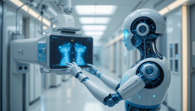 AI-Powered Medical Robot Diagnosing X-Rays in a Futuristic Hospital