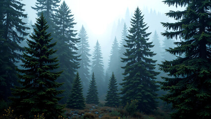 Whispers of Morning Light. A serene forest bathed in the soft glow of early morning light. Tall pine trees rise towards the sky, their silhouettes softened by a gentle mist that lingers between the tr