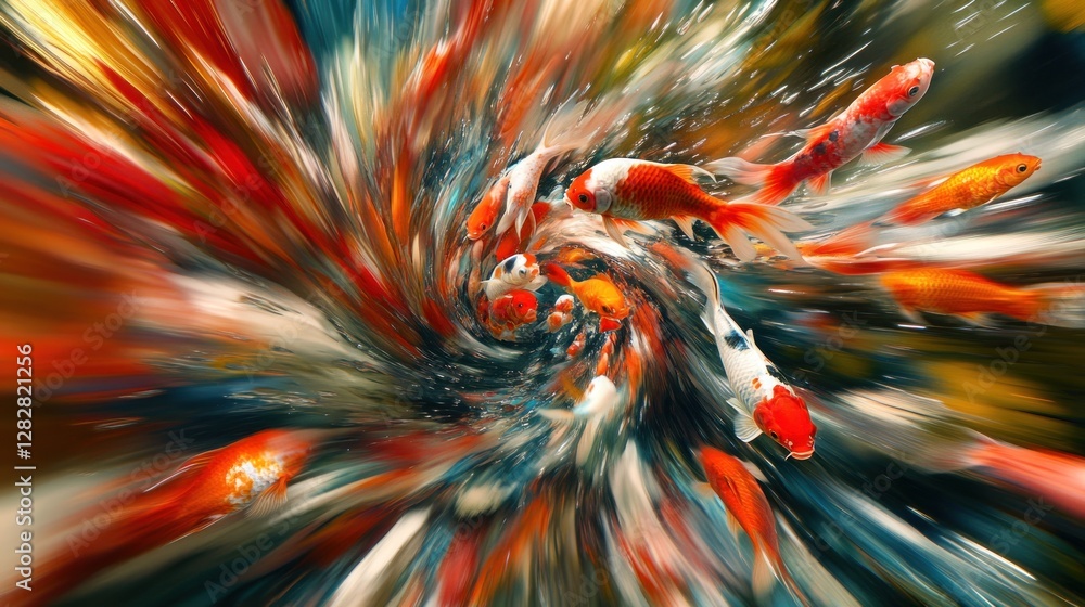 Poster a vibrant swirl of colorful fish creating a dynamic underwater scene.