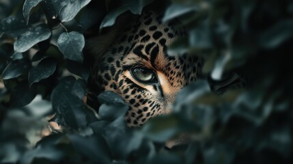 Fototapeta premium Leopard hiding in jungle foliage, wildlife close-up