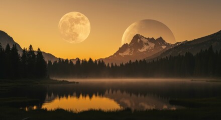 Sunset over mountain lake, golden sun reflection, silhouetted mountains, tranquil water, dramatic sky, warm orange glow, peaceful landscape, scenic vista, nature photography, high contrast, ethereal a