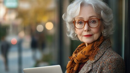 senior businesswoman with glasses and laptop standing outside the office showing leadership independence and determination in her professional career