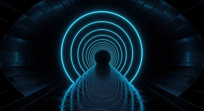 dark futuristic tunnel, neon blue rings, silhouette figure, sci-fi corridor, glowing circular arches, symmetrical perspective, cyberpunk aesthetics, high contrast, digital art, cinematic lighting, mys