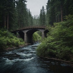 Fototapeta premium A tranquil road winding through a dense forest, with a bridge spanning a quiet river.