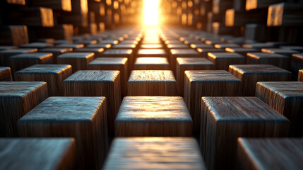 Fototapeta premium A 3D rendering of wooden cubes arranged in a square formation, symbolizing structure, balance, and unity in a modern and minimalist style
