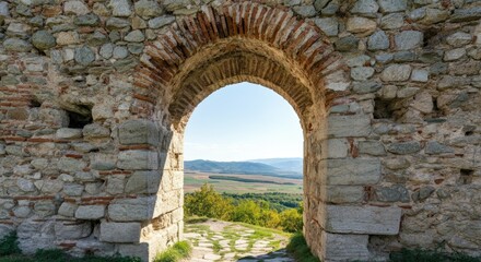 Obraz premium Stone archway overlooking scenic countryside landscape