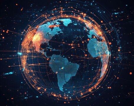 Global network connection, data flow, digital earth, space background, tech illustration