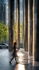Woman Walking Between Reflective Pillars at Sunset