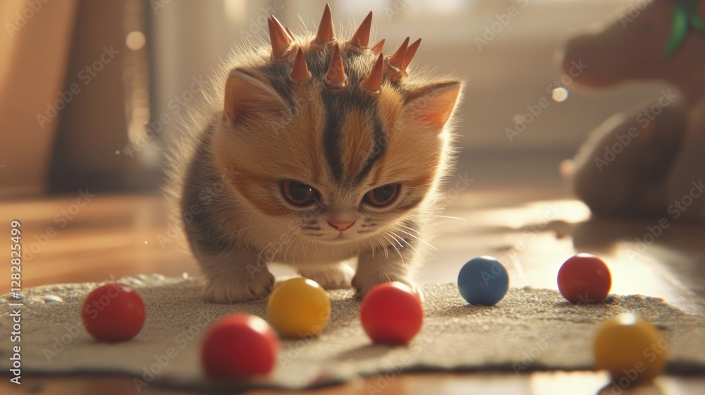 Poster a cute kitten with spikes explores colorful balls on a soft surface in a cozy setting.