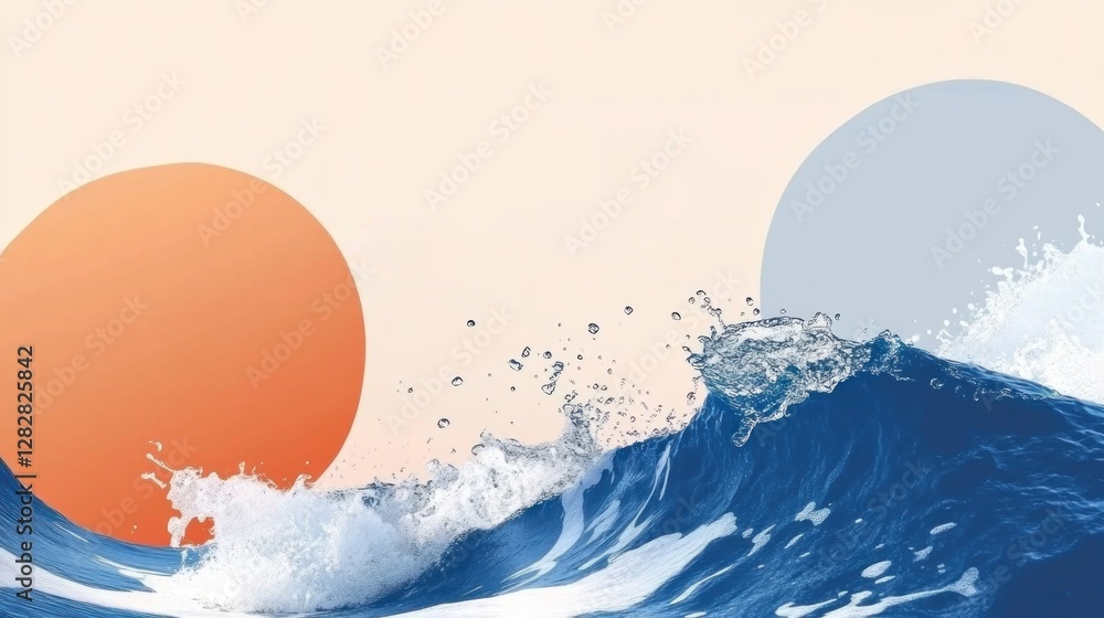 Poster abstract image featuring large colored circles and crashing ocean waves.