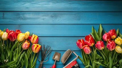 A vibrant spring garden unfolds on a rustic blue wooden backdrop, bursting with the cheerful hues of tulips and meticulously arranged gardening tools, a testament to the beauty of springtime.