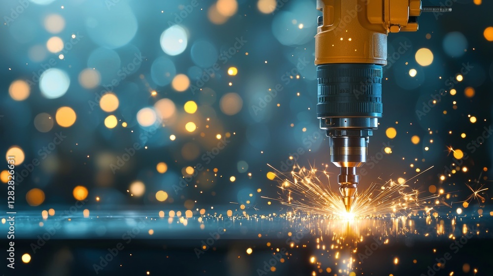 Poster industrial action precision drilling process high-tech factory sparks and machinery dynamic environm