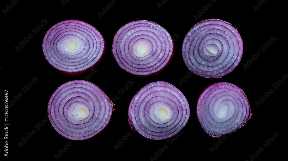 Poster sliced red onions arranged in a row against a black background.