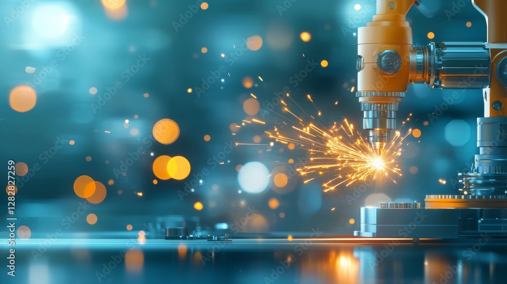 Poster automated welding process in industrial setting factory technology image dynamic environment close-u