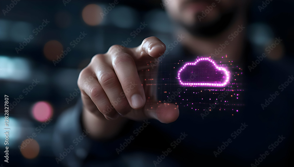 Poster man interacts with a digital cloud data symbol, futuristic technology concept, dark blurred backgrou