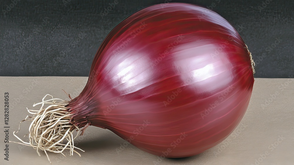 Poster a single red onion resting on a surface, showcasing its smooth skin and roots.