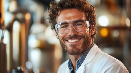 smiling lab scientist wearing safety goggles and a white coat conducting research in a high tech laboratory setting focused on medical innovation and scientific discovery
