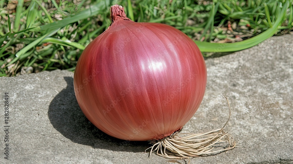 Poster a fresh red onion resting on a stone surface, showcasing its smooth texture and roots.