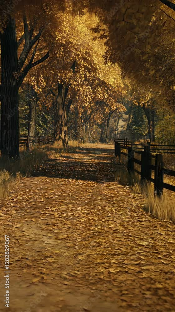 Poster scenic autumn pathway lined with trees and fallen leaves in a tranquil forest setting