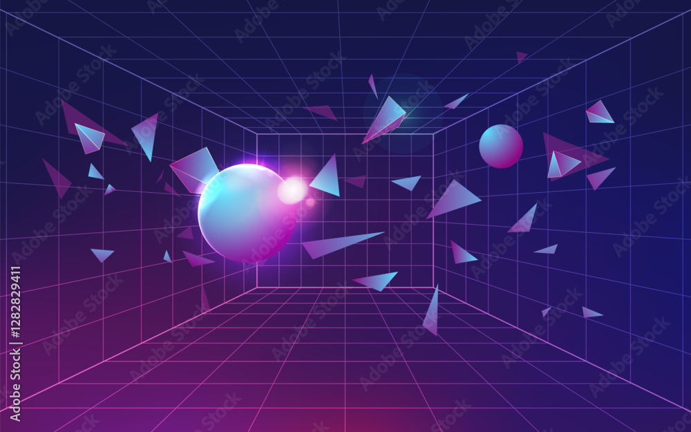 Poster graphic of dimension grid room with futuristic element inside, visual key of virtual reality world p