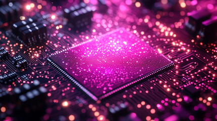 Abstract circuit board design symbolizing advanced technology, digital connections, innovation, and modernity with intricate patterns and glowing elements representing data flow and processing.
