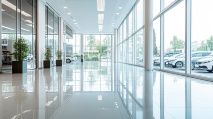 Fototapeta premium Empty dealership with modern design and sleek finishes. Featuring neutral tones and clean layout