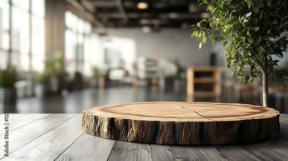 Poster wooden table with a tree slice in a blurred office interior background for product display presentat