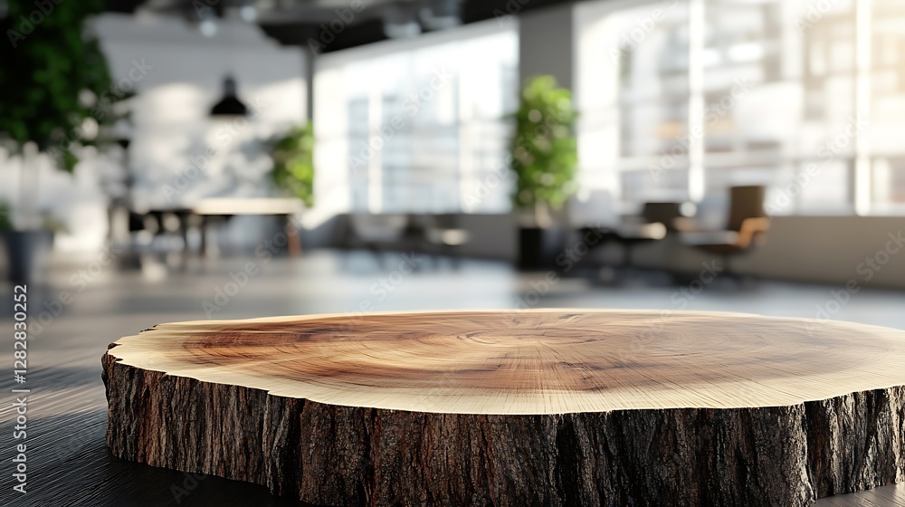 Poster wooden table with a tree slice in a blurred office interior background for product display presentat