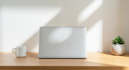 Fototapeta premium Closed laptop on minimalist desk with mug and small potted plant in natural light