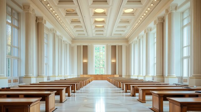 A legislative hall with high ceilings and soft ambient lighting. Featuring formality and calm