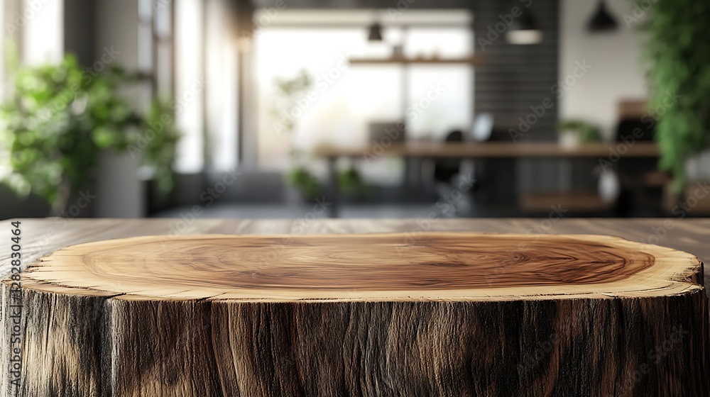 Poster wooden table with a tree slice in a blurred office interior background for product display presentat