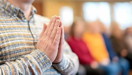 Man praying with clasped hands in a church, congregation blurred in the background.  Use Religious, spiritual, or contemplative themes