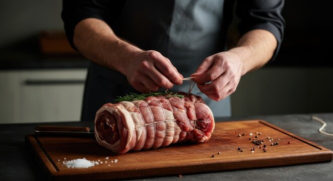 Chef tying rolled pork roast with herbs on cutting board - Powered by Adobe
